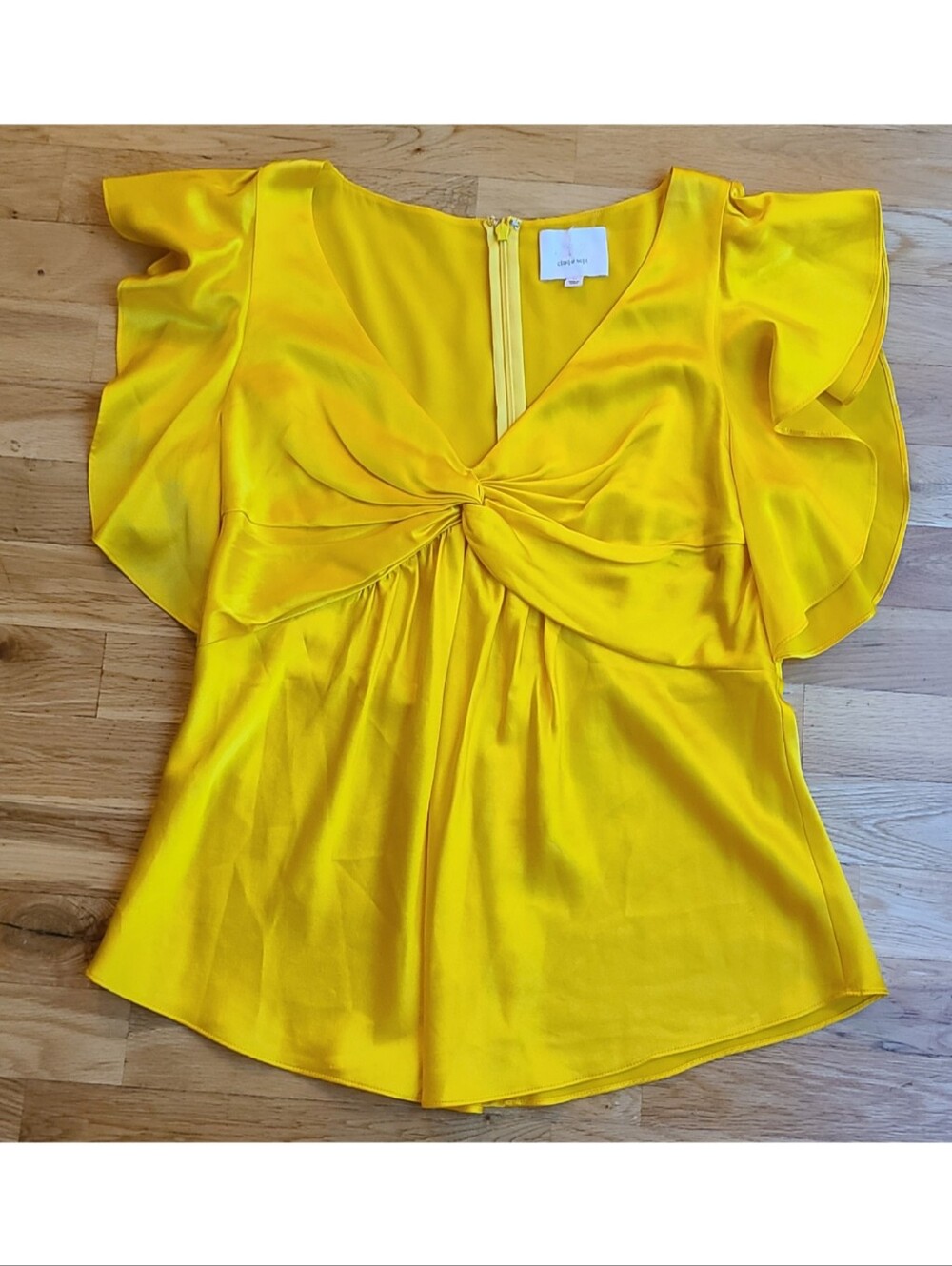 Cinq a Sept Marigold Yellow Silk Twist Front Flutter Sleeve Blouse Medium - Picture 8 of 9